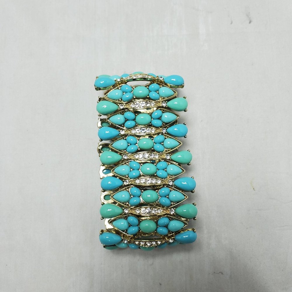 Neiman Marcus turquoise beaded with  rhinestones gold stretch bracelet 2" - Picture 5 of 8